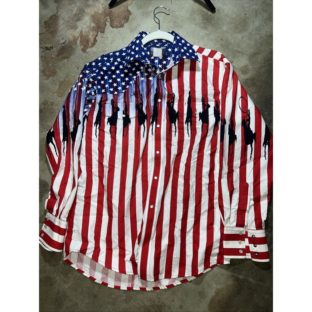Wrangler western shirt USA Flag Roper cowboy all over print Vintage Pearl Snap L